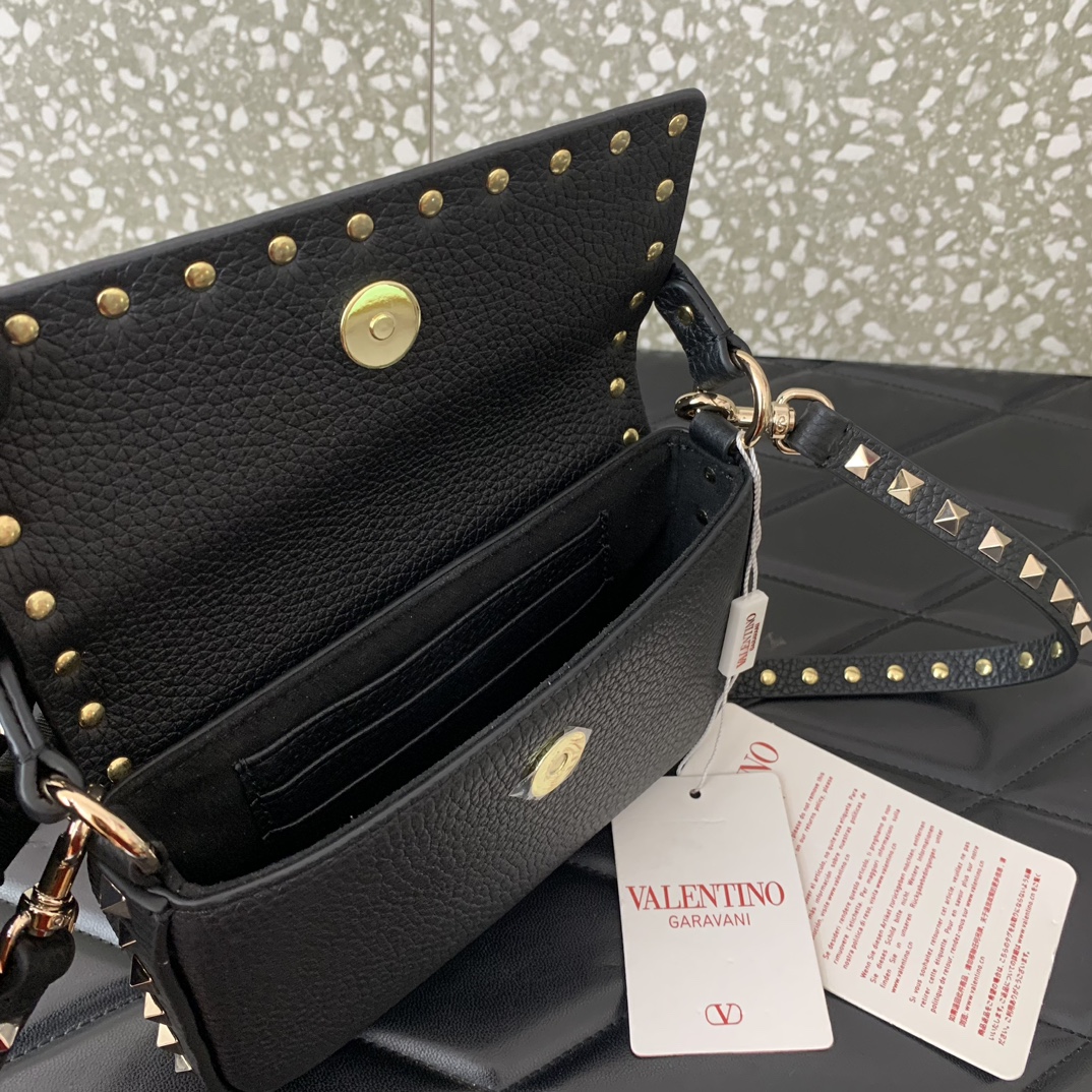 Valentino Garavani Rockstud Small Shoulder Bag in Black Grainy Calfskin